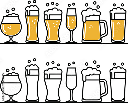 Collection of stylized beer glasses in varying shapes and sizes