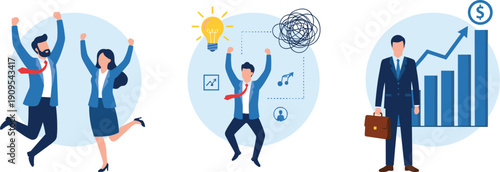 Business success illustration, career growth achievement, problem solving idea, professional confidence, financial progress, teamwork motivation, modern flat vector design, concept