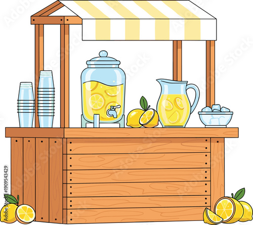 Lemonade stand illustration with wooden stall, striped awning, lemon drink jar, cups and lemons