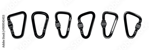 Set of vector carabiners for climbing and safety equipment black silhouettes