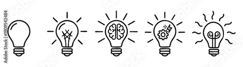 Light bulb icon set. showing idea and inspiration concepts. Creative thinking, innovation and solution symbols. Brainstorming and idea evolution concept with a series of linear lightbulb icons.
