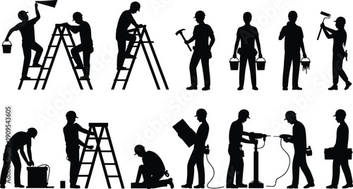 Construction and painting workers silhouette set with ladders tools repair industrial labor black vector illustration