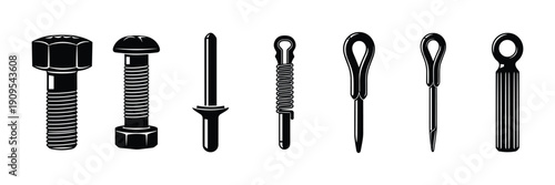 Assorted bolts screws rivets and eye pins hardware collection, vector illustration