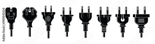 Nine electrical power plugs different types, vector illustration