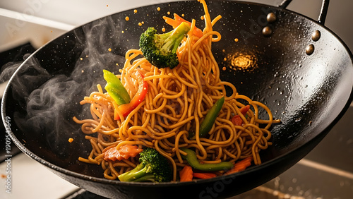 Delicious stir-fried noodles with vegetables in a hot wok
