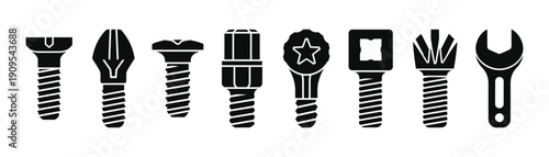 Collection of metal screw bolts and construction wrench tool set vector design