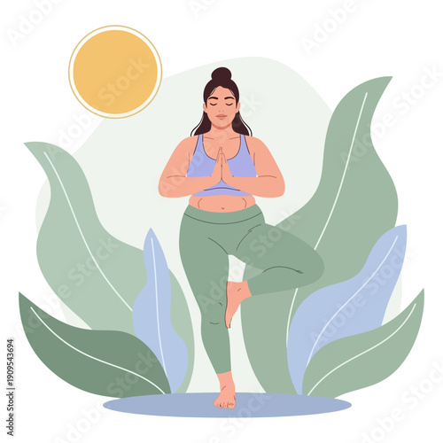 Plus size woman doing yoga tree pose with sun and plants in background healthy lifestyle