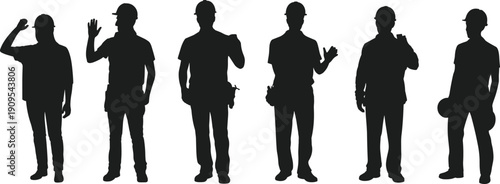 Construction workers silhouette set waving greeting industrial labor black vector illustration isolated