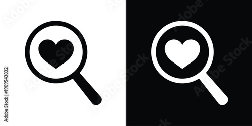 Vector magnifying glass icon centered on a heart shape. Perfect for dating apps, searching for love, charity health audits, heart health awareness, and favorite items discovery.