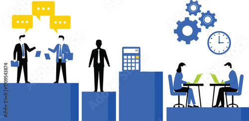 Business workflow process illustration, corporate teamwork communication, productivity growth chart, project management, time planning, finance analysis, flat vector design, concept