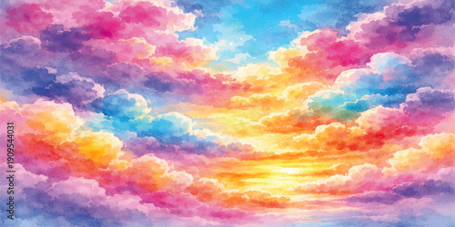 An abstract colorful watercolor background captures a dramatic rainbow sky at sunset with beautiful orange and red clouds reflecting radiant sunlight across a heavenly nature landscape
