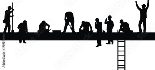 Construction workers silhouette team working on high beam industrial labor teamwork black vector illustration