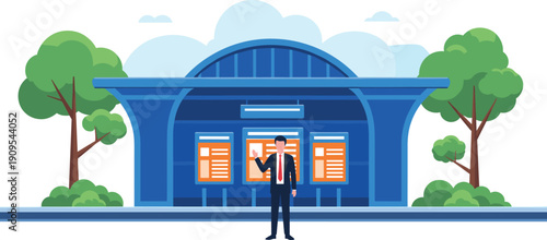 Businessman standing at modern bus stop, urban public transport station, flat design vector, city infrastructure, commuting, schedule, travel, professional lifestyle