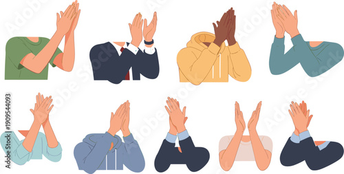 People clapping hands illustration set with diverse skin tones, applause gesture, teamwork celebration