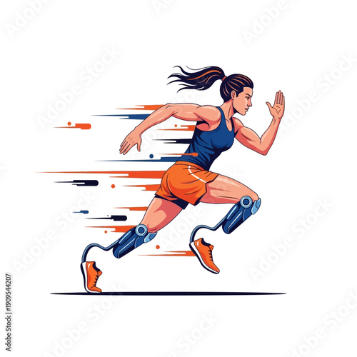 Athletic woman with prosthetic legs running fast, showcasing determination and athletic achievement