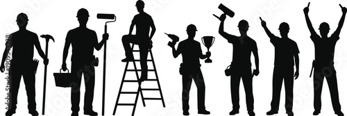 Construction workers silhouette team with tools celebrating success industrial labor black vector illustration isolated