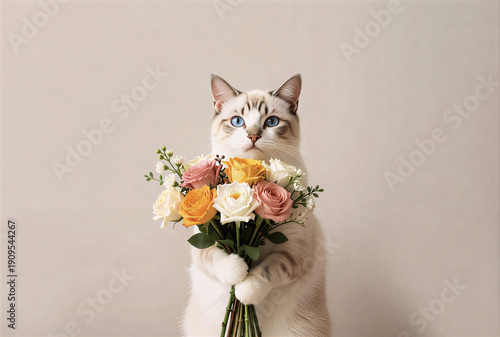 Cute cat holds a bouquet of flowers on a monochrome background, birthday, valentine's day.artificial intelligence generator, AI, neural network image. background for the design