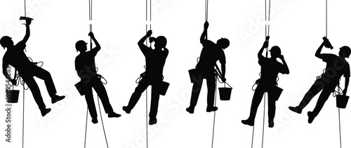 Industrial rope access workers silhouette set window cleaning maintenance high altitude black vector illustration isolated