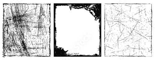 Grunge border frames set with distressed ink textures and rough scratchy patterns for vintage photography overlays and urban graphic backgrounds. High-quality vector illustration collection.