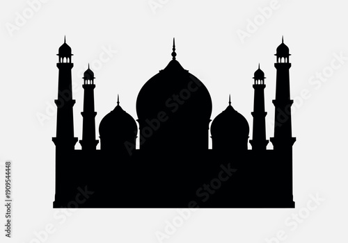 Majestic mosque silhouette with domes and minarets at sunset