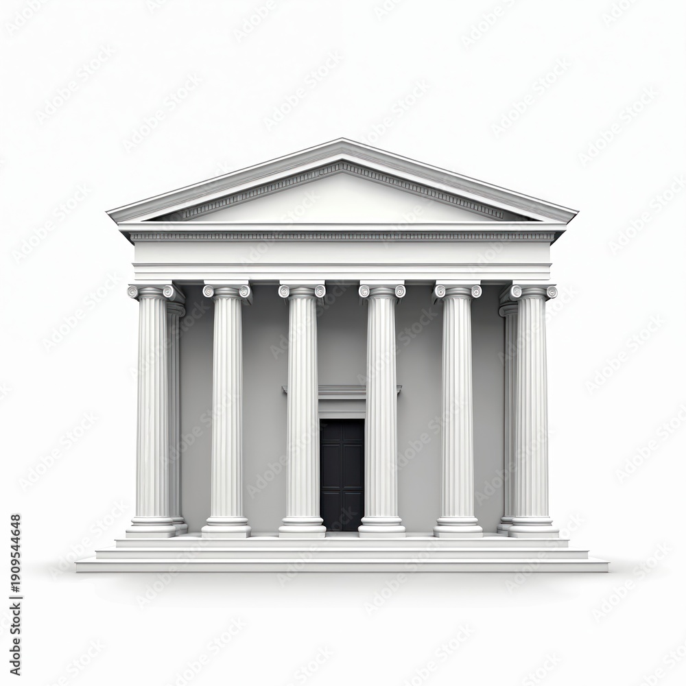 Obraz premium White classical building with columns and a dark door. This structure represents justice or government power. Suitable for law firms or historical topics.