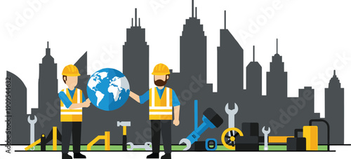 Construction workers illustration, urban infrastructure development, engineers holding globe, city skyline background, industrial tools, global construction concept, flat vector design