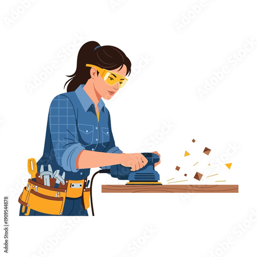 Woman construction worker sanding wood with power sander