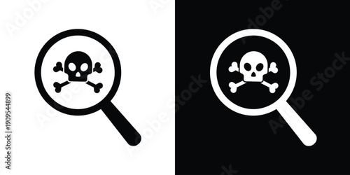 Magnifying glass icon focusing on a skull and crossbones. Ideal for poison detection, cyber security threat hunting, danger search, toxic substance audit, and risk identification.