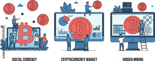 Cryptocurrency concept illustration, digital currency bitcoin market analysis, blockchain finance technology, crypto trading mining process, modern flat vector design