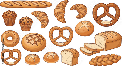 Bakery bread and pastry set with baguette, loaf, croissant, muffins, pretzel, bagel
