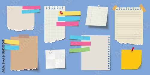 Set of torn paper notes, memo sheets, and colorful sticky labels pinned or taped on a blue background. Editable stationery collection for planners, scrapbooking, and design projects
