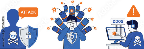 Cyber security attack illustration, DDoS threat protection, hacker danger concept, data breach warning, online defense system, modern flat vector design