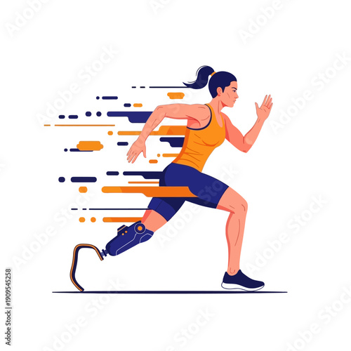Disabled woman runner with prosthetic leg running fast with motion blur