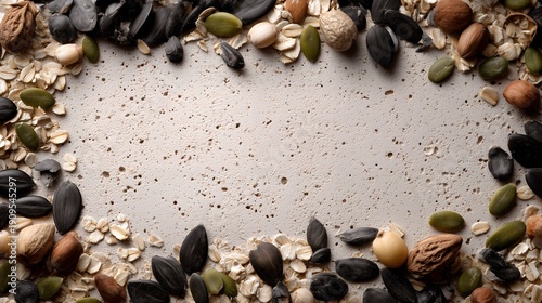 Assortment of healthy seeds, nuts and oats framing textured concrete background, concept for organic food packaging, nutritional menu design and breakfast recipe advertising