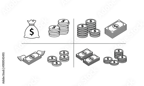 Outline Icons of Money and Finance: Bags of Cash, Coin Stacks, and Banknotes for Your Business Needs