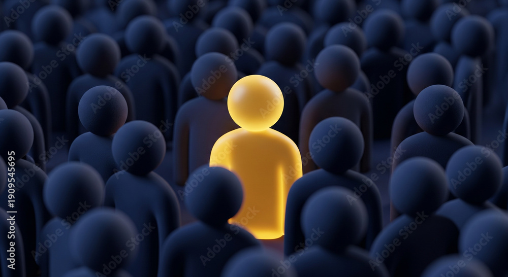 Fototapeta premium Glowing yellow human figure standing out from a dark crowd, concept of unique leadership and individuality, 3D render illustration