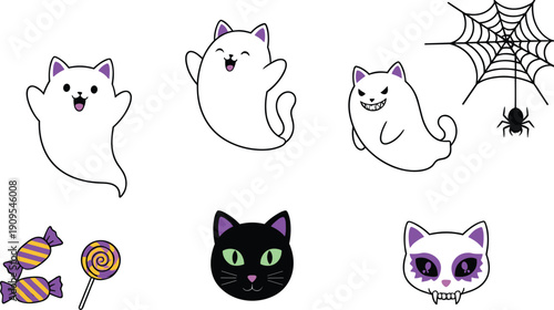 Cute Halloween Cat Ghosts and Spooky Kittens with Candy Spider Web and Skull Vector Illustration Set for Holiday Sticker Design