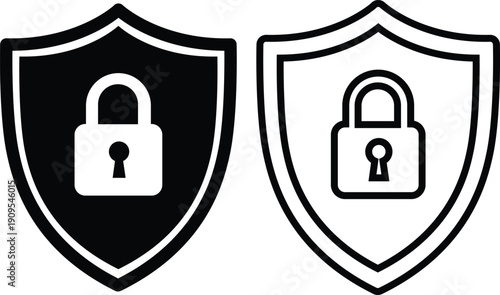 Illustration of black and white shield icons with padlocks on for security concepts