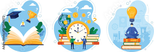 Education learning illustration, knowledge growth concept, books study, time management, self improvement, student success, modern flat vector design