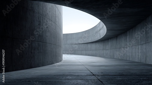 Curved Concrete Architecture Corridor with Circular Opening