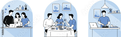 Family lifestyle illustration, home cooking together, dinner time bonding, remote work kitchen scene, modern flat vector design, daily life concept