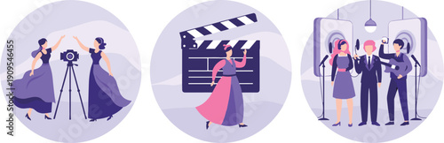 Film production illustration, movie making concept, actors filming scene, clapperboard action, cinema studio teamwork, video recording, flat vector design, creative