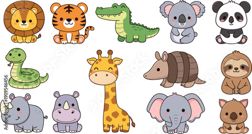Cute wild animals cartoon set with lion, tiger, giraffe, elephant, panda, koala