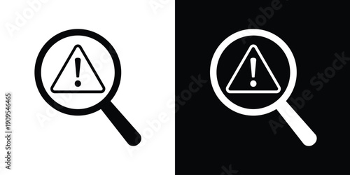 Risk assessment and warning search icon. Magnifying glass focusing on an exclamation mark in a triangle. Vector symbol for error detection, security, and hazard inspection.