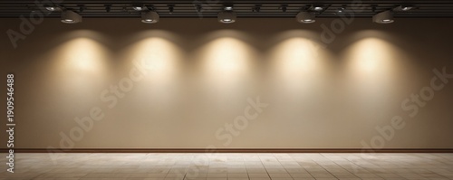 Empty modern gallery interior with beige wall and six spotlights illuminating the display area, concept for exhibition presentation, product showcase and architectural mockups