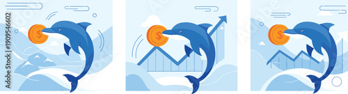 Financial growth investment illustration, dolphin jumping with coin, profit success chart, business income increase concept, fintech analytics, flat design, vector