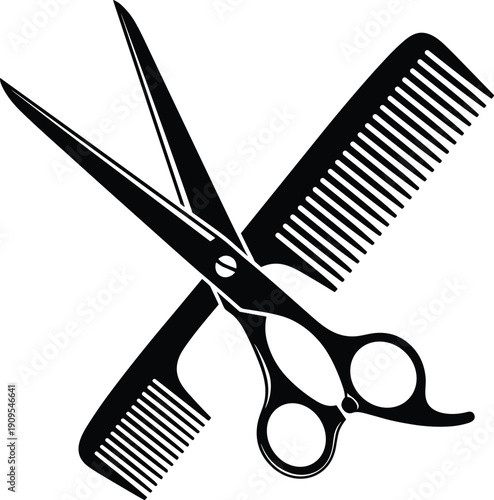Barber scissors and comb silhouette icon, professional hair cutting tools, salon hairstyling equipment vector illustration