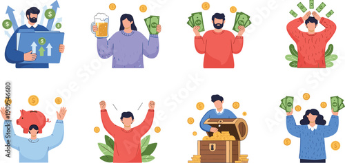 Flat vector illustration set of people with money, financial success, savings concept, investment growth, cash earnings, business profit icons