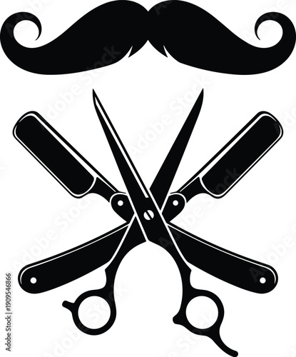 Barber shop tools silhouette scissors razor mustache grooming hair salon concept isolated black vector illustration, flavector