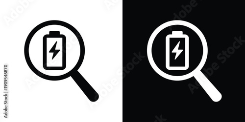 Magnifying glass icon with a charging battery symbol inside. Represents energy monitoring, power search, battery health check, and efficiency analysis. Minimalist vector art.